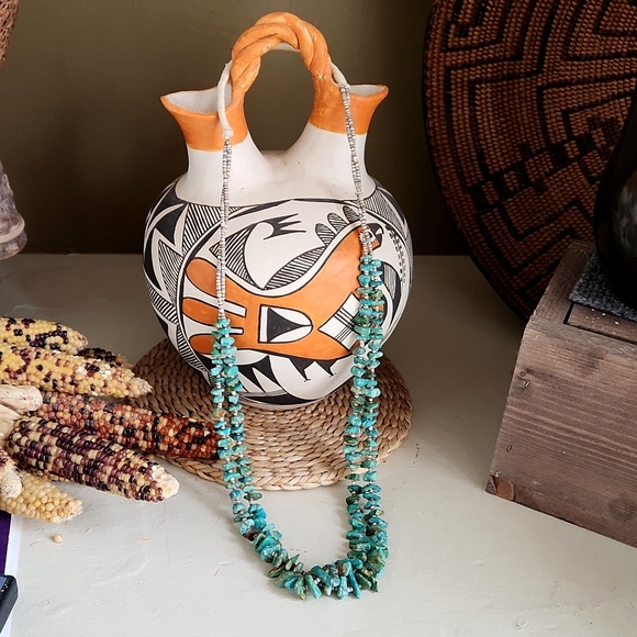 Native American Santo Domingo Jewelry - Old Native American Santo Domingo Double Strand Turquoise & Heishi Necklace 💙💚